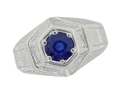 Art Deco Geometric Hexagonal Mens Blue Sapphire Ring in 14 Karat White Gold - Item: R881WS - Image: 6