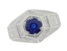 Art Deco Geometric Hexagonal Mens Blue Sapphire Ring in 14 Karat White Gold