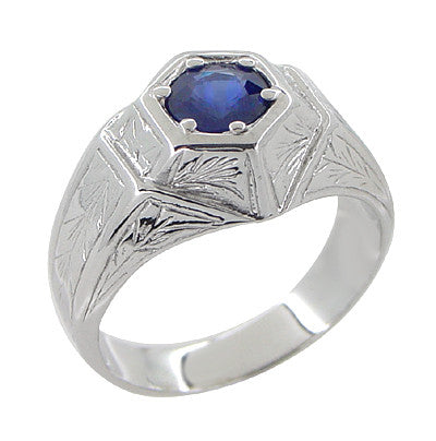 Art Deco Geometric Hexagonal Mens Blue Sapphire Ring in 14 Karat White Gold - Item: R881WS - Image: 2