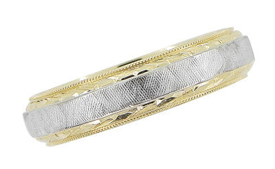 Mens Hand Engraved Mid Century Vintage Wedding Band in 14 Karat Yellow and White Gold | Ring Size 10 - Item: R884 - Image: 2