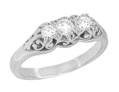 Art Deco Filigree Antique Style 3 Stone Diamond Ring in Platinum - alternate view