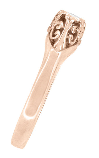 Art Deco Filigree 3 Stone Diamond Ring in 14 Karat Rose ( Pink ) Gold - Item: R890R-LC - Image: 3