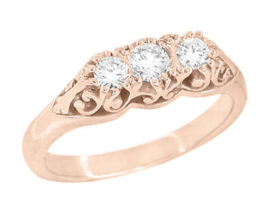 Art Deco Filigree 3 Stone Diamond Ring in 14 Karat Rose ( Pink ) Gold - alternate view