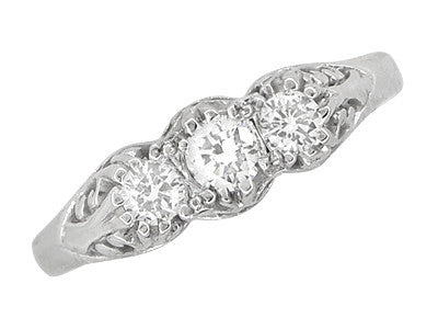 Three Stone Vintage Engagement Ring With White Sapphire - White Gold Filigree - R890WS