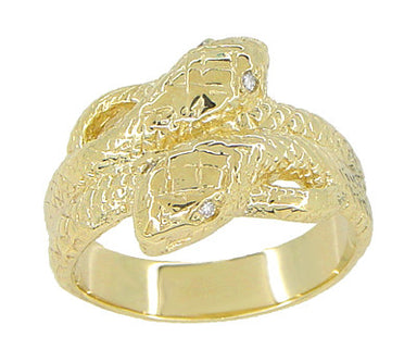 Vintage Inspired Men's Double Serpent Snake Ring with Diamond Eyes in 14 Karat Yellow Gold - alternate view