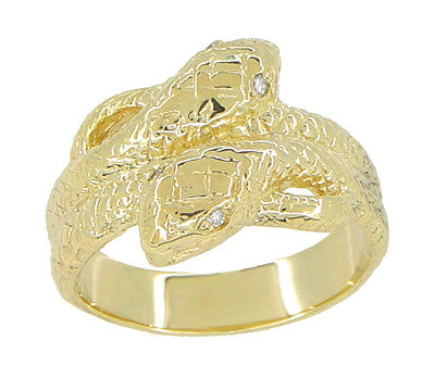 Vintage Inspired Men's Double Serpent Snake Ring with Diamond Eyes in 14 Karat Yellow Gold - Item: R897 - Image: 2