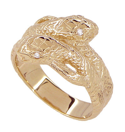 Men's Double Serpent Snake Ring with Diamond Eyes in 14 Karat Rose Gold