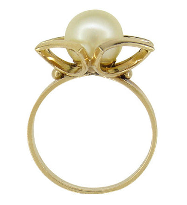 Mid Century Vintage Buttercup Frame Pearl Solitaire Ring in 18 Karat Yellow Gold - alternate view