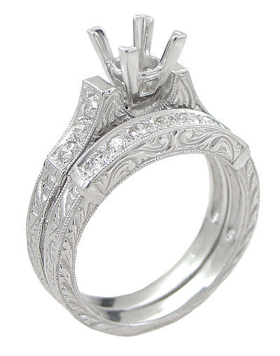Hand Engraved Platinum Art Deco Scrolls Antique Bridal Set for a 1.50 Carat Square Princess Cut Diamond - Engagement Ring Mounting and Wedding Ring - R953P