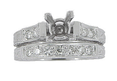 Art Deco Platinum Carved Scrolls Engagement Ring Setting for a 1.75 Carat Princess Cut Diamond with Matching Wedding Ring - Item: R954P - Image: 4