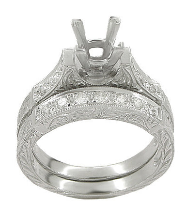 Art Deco Platinum Carved Scrolls Engagement Ring Setting for a 1.75 Carat Princess Cut Diamond with Matching Wedding Ring - alternate view