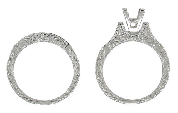 Platinum Art Deco Engraved Scrolls 2 Carat Princess Cut Diamond Engagement Ring Setting and Companion Diamond Wedding Ring - Item: R955P - Image: 5