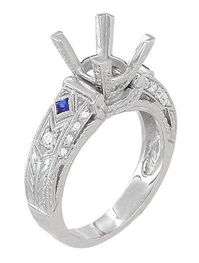 Art Deco 1 Carat Princess Cut Diamond Wheat Engraved Engagement Ring Setting in 18 Karat White Gold with Diamonds and Princess Cut Sapphires - Item: R983 - Image: 4