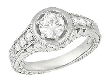 Vintage Low Profile Ring Setting For a 1 Carat Diamond with Side Diamonds and Filigree in White Gold - R990W1NS