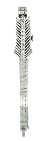 Retro Moderne Ladies Diamond Set Bracelet Watch in 14 Karat White Gold