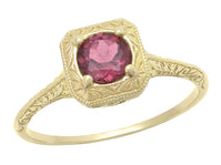 Art Deco Rhodolite Garnet Filigree Scrolls Engraved Engagement Ring in 14 Karat Yellow Gold