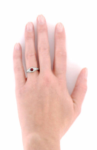 Art Deco Engraved Ruby and Diamond Filigree Engagement Ring in 14 Karat White Gold - Item: R189 - Image: 3