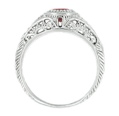 Art Deco Engraved Ruby and Diamond Filigree Engagement Ring in 14 Karat White Gold - Item: R189 - Image: 2