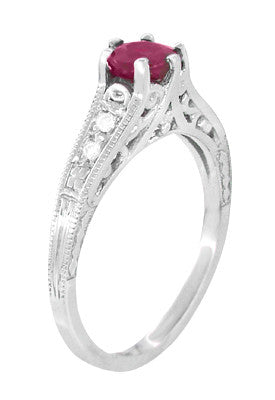 Art Deco Ruby and Side Diamonds Scroll Filigree Engagement Ring in Platinum - Item: R191P - Image: 3