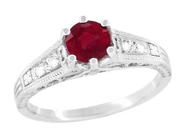 Art Deco Ruby and Side Diamonds Scroll Filigree Engagement Ring in Platinum - Item: R191P - Image: 2