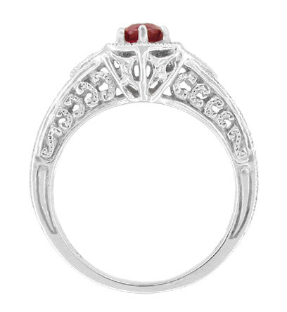 Art Deco Ruby and Diamond Filigree Engraved Engagement Ring in 14 Karat White Gold - Item: R290 - Image: 2