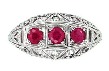 Three Stone Ruby and Diamonds Filigree Ring in 14 Karat White Gold - alternate view