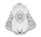 Art Deco Filigree Cabochon Loaf Crystal & Diamond Ring in Sterling Silver