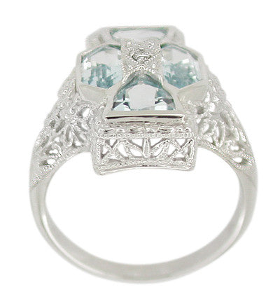 Art Deco Filigree Happy Family 4 Stone Blue Topaz and Diamond Filigree Ring in 14 Karat White Gold - Item: RV1103 - Image: 2