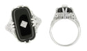Art Deco Filigree Onyx and Diamond Set Ring in 14 Karat White Gold