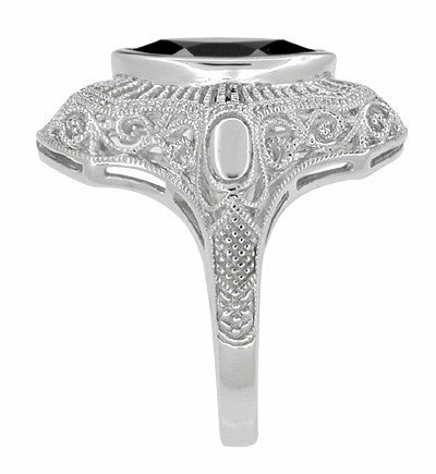 Art Deco Onyx Filigree Cocktail Ring in 14 Karat White Gold - Item: RV1250 - Image: 2