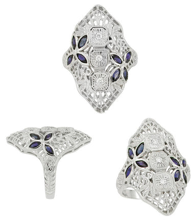 Art Deco Blue Sapphire and Cubic Zirconia Filigree Cocktail Ring in 14 Karat White Gold - alternate view