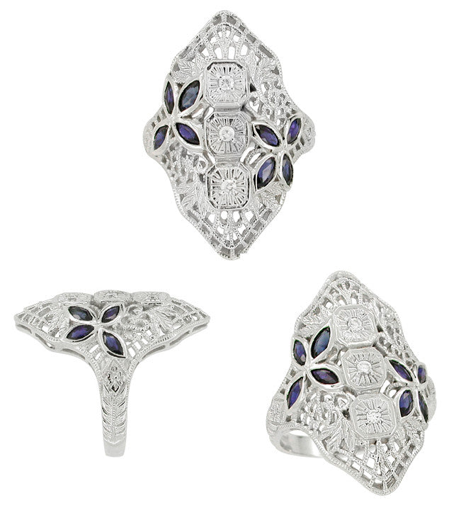 Art Deco Blue Sapphire and Cubic Zirconia Filigree Cocktail Ring in 14 Karat White Gold - Item: RV292 - Image: 2