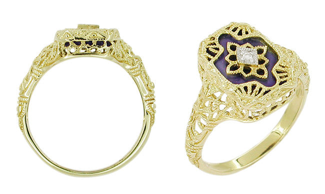 Art Deco Filigree Lapis Lazuli and Diamond Ring in 14 Karat Yellow Gold - Item: RV369L - Image: 2