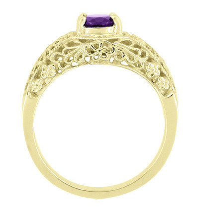 Edwardian Yellow Gold Floral Filigree Dome Amethyst Engagement Ring - Item: RV709YA - Image: 2
