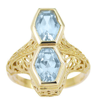 Art Deco Love Duet Blue Topaz Filigree Ring in 14 Karat Yellow Gold - Item: RV750 - Image: 2