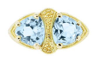 Art Deco Filigree Loving Duo Blue Topaz Ring in 14 Karat Yellow Gold - December Birthstone - Item: RV751 - Image: 3
