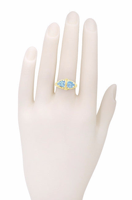 Art Deco Filigree Loving Duo Blue Topaz Ring in 14 Karat Yellow Gold - December Birthstone - Item: RV751 - Image: 4