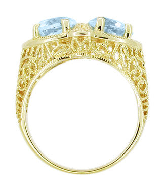 Art Deco Filigree Loving Duo Blue Topaz Ring in 14 Karat Yellow Gold - December Birthstone - Item: RV751 - Image: 2