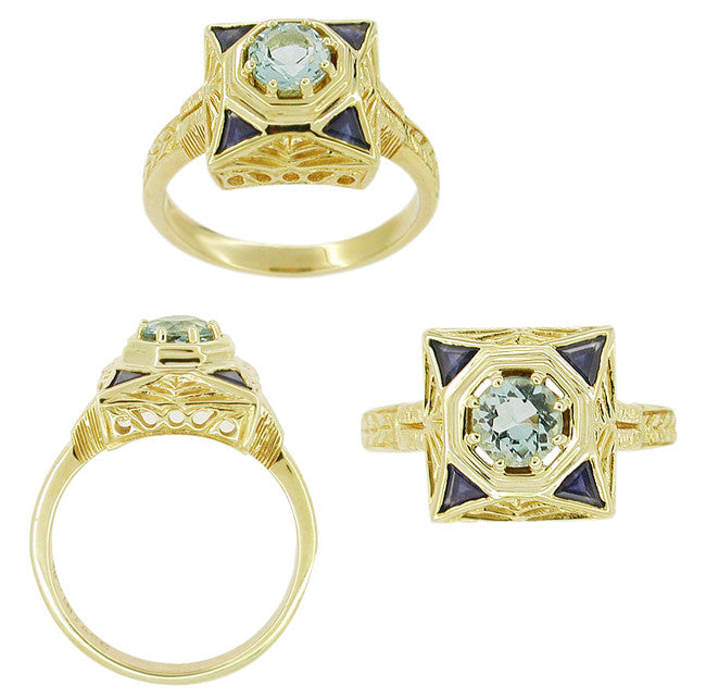 Art Deco Filigree Sapphire and Blue Topaz Ring in 14 Karat Yellow Gold - Item: RV759 - Image: 2