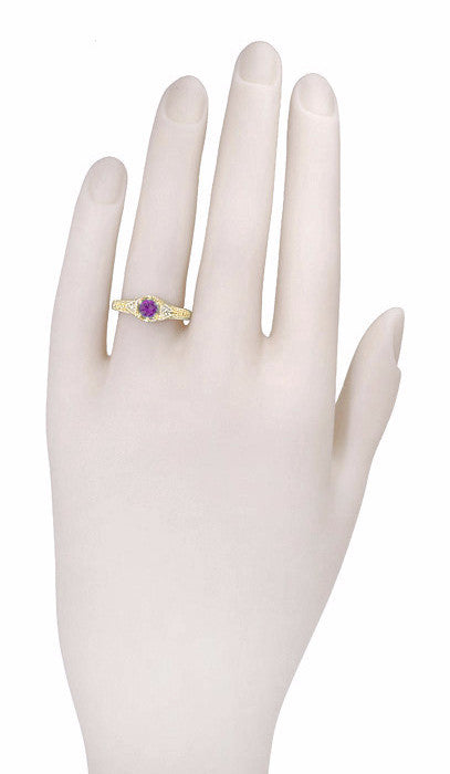 Art Deco Filigree Hexagon Amethyst Engagement Ring in 14 Karat Yellow Gold with Side Diamonds - Item: RV761 - Image: 3