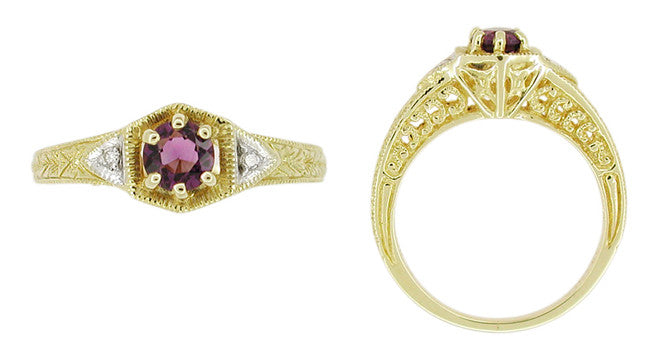 Art Deco Filigree Hexagon Amethyst Engagement Ring in 14 Karat Yellow Gold with Side Diamonds - Item: RV761 - Image: 2