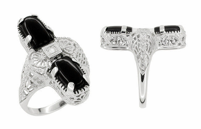 Art Deco Duo Black Onyx & Diamond Filigree Right Hand Cocktail Ring in 14 Karat White Gold - Item: RV890 - Image: 2
