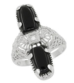 Art Deco Duo Black Onyx & Diamond Filigree Right Hand Cocktail Ring in 14 Karat White Gold