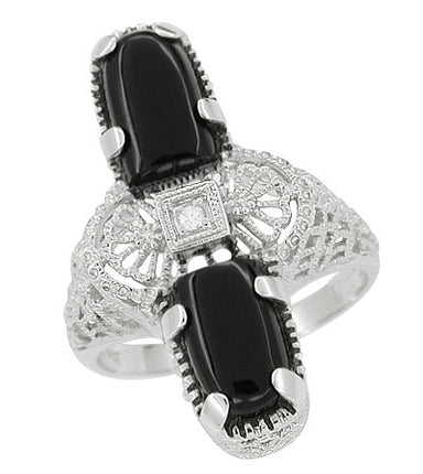 Art Deco North South Duo Black Onyx & Diamond Filigree Cocktail Ring in White Gold - RV890