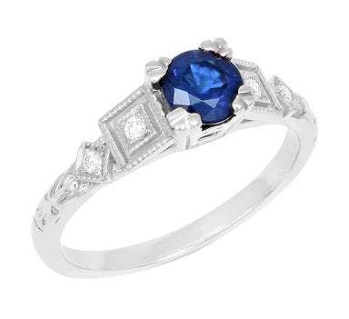 Geometric Art Deco Sapphire Engagement Ring in 18 Karat White Gold with Diamonds - alternate view