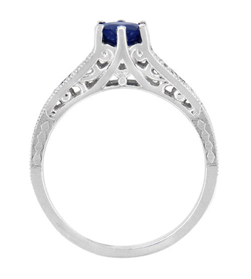 Art Deco Filigree Blue Sapphire Engagement Ring in 14 Karat White Gold with Diamond Side Stones - Item: R158 - Image: 4