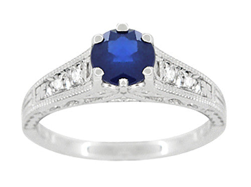 Art Deco Filigree Blue Sapphire Engagement Ring in 14 Karat White Gold with Diamond Side Stones - Item: R158 - Image: 5