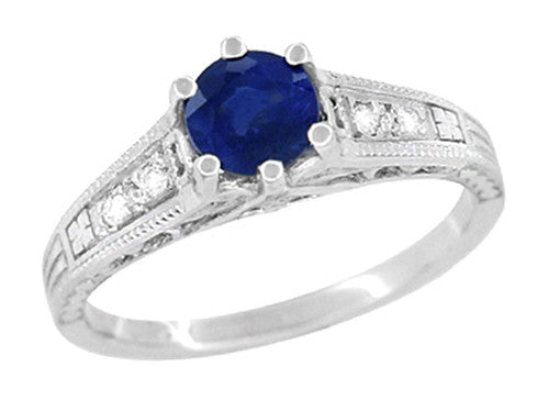 Art Deco Filigree Blue Sapphire Engagement Ring in 14 Karat White Gold with Diamond Side Stones - Item: R158 - Image: 2