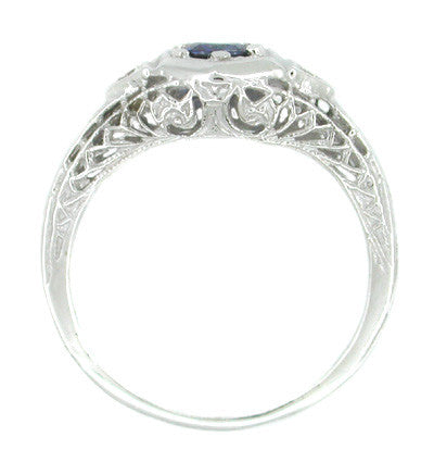 Low Set Blue Sapphire and Diamond Art Deco Filigree Ring in 14 Karat White Gold - Item: R179 - Image: 2