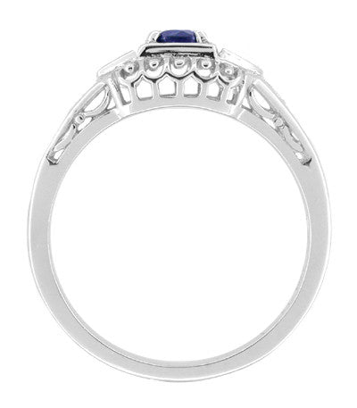 Art Deco Sapphire Filigree Engagement Ring with Side Diamonds  in 14 Karat White Gold - Item: R228 - Image: 2